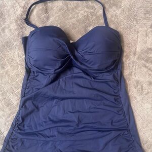 Anne Cole Navy Blue Swimsuit Top L Tankini Removable Straps Ruched